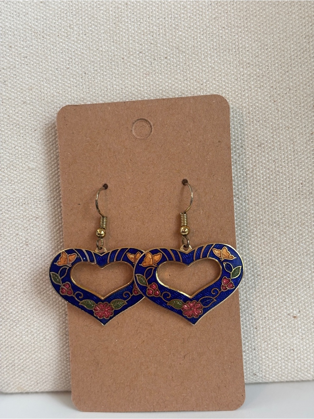 Vintage Cloisonné Blue Floral Heart Dangle Earrings - Women Jewelry